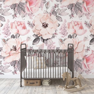 WALLPAPER Peel & Stick Fabric BAILEY Pink Roses Floral Mural LARGE Pattern Bedroom Nursery Décor Pencil Drawing Dried Flowers Art 0009