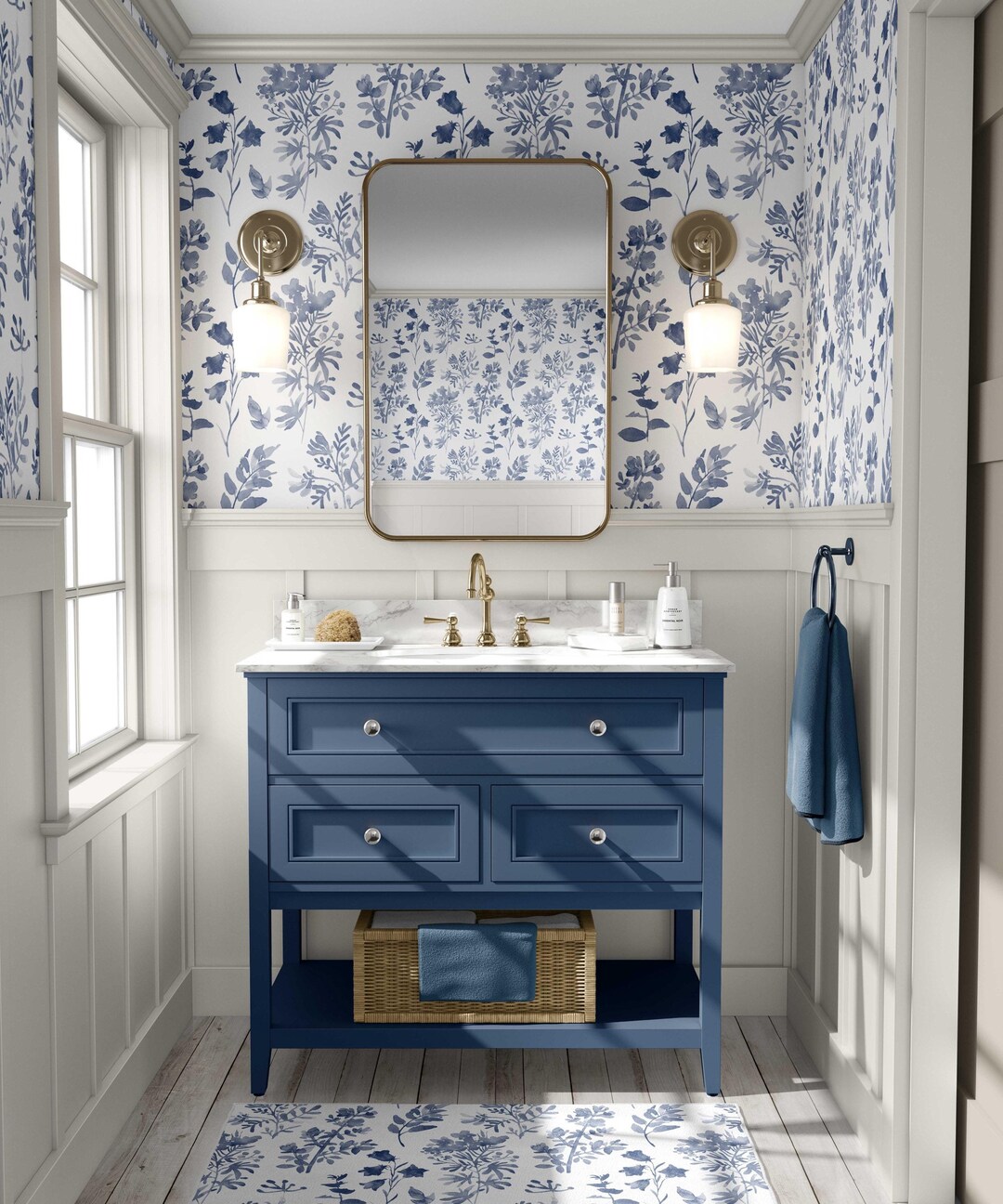 Removable WALLPAPER, Prepasted Bathroom Decor Watercolor Wallpaper Blue ...