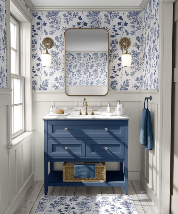 Removable WALLPAPER, Prepasted Bathroom Decor watercolor Wallpaper Blue Wallpaper Floral Wallpaper, botanical wallpaper ANGELIQUE 0042 S