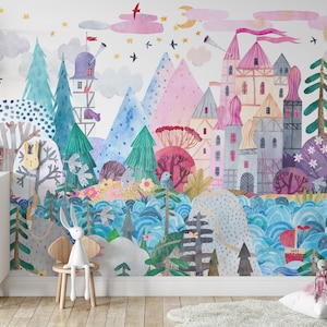 UNPASTED Traditional WALLPAPER MARLEY Mural Kids Bedroom Nursery Playroom Décor Watercolor Travel the World Fairy Tale hill Pink Castle 0197