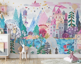 UNPASTED Traditional WALLPAPER MARLEY Mural Kids Bedroom Nursery Playroom Décor Watercolor Travel the World Fairy Tale hill Pink Castle 0197
