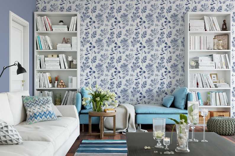 WALLPAPER Traditional Unpasted ANGELIQUE S Indigo Blue Watercolor Flowers branches Pattern Bedroom Nursery Décor Cobalt blue 0042S image 3