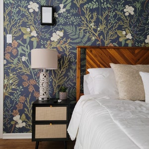 Removable WALLPAPER Peel & Stick FABRIC DORON M Fern Botanical Wallpaper, Woodland Wallpaper Mural Whimsical Décor, Dark Wallpaper 0238M,