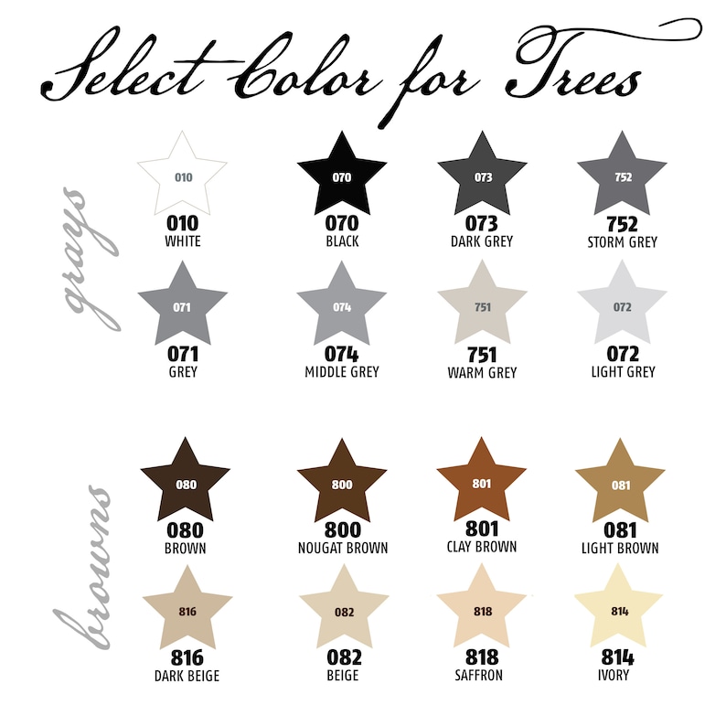 May include: Color chart for trees with 12 different shades of gray, brown, and beige. Each color is represented by a star with a number and name. The colors are arranged in three columns, with grays on the left, browns in the middle, and beiges on the right.