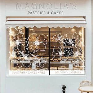 Magnolia Storefront Window Decal, Floral Boutique Window Display, Cafe Bakery Shop Window Sticker, Removable Vinyl Window Decal 03