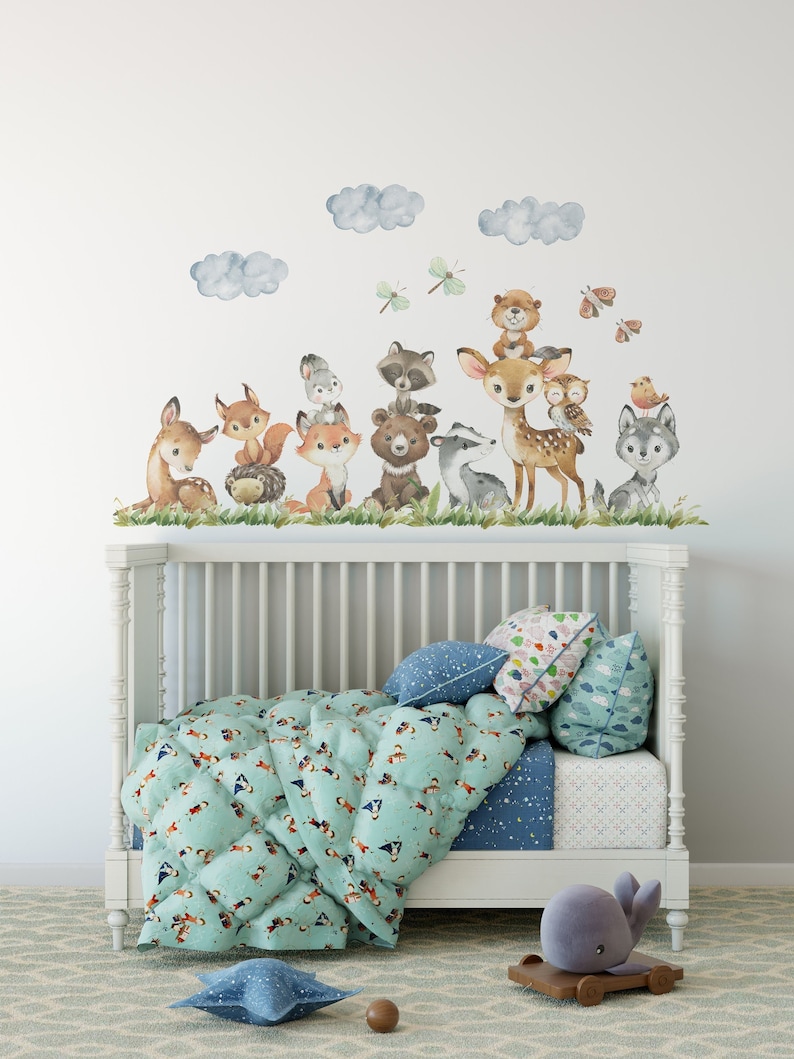 Peel & Stick 12 Woodland Animals Wall Decals Baby Bedroom Nursery Décor ...