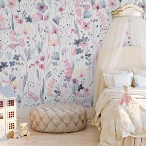 Removable WALLPAPER TEAGAN Pre-Pasted, Nonwoven Prepasted WILDFLOWERS, Farmhouse Wallpaper Floral Wallpaper, Watercolor Pink Purple Gift 015