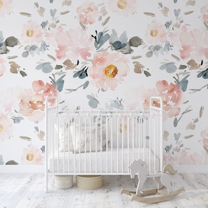 Removable WALLPAPER Peel & Stick Fabric RILEY Pink Coral Green Floral Nursery Pink Nursery Décor Watercolor Flowers Wall Art home gift 0018