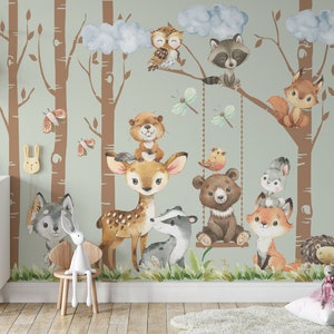 May include: A watercolor illustration of a woodland scene with a variety of animals, including a deer, a bear, a raccoon, a fox, a badger, an owl, and a squirrel. The animals are surrounded by trees and clouds. The illustration is in a light green and brown color scheme.