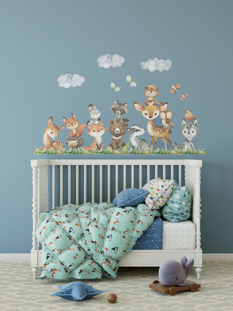 Peel & Stick Woodland Watercolor Animals Wall Decals Baby Gender ...