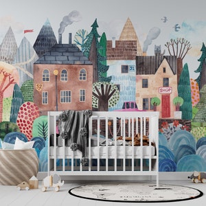 Removable WALLPAPER PREPASTED, Mural Kids Bedroom, Nursery Wallpaper, Watercolor Mural Décor, Old Town Houses, Fairy Tale Castle LIAM 0122