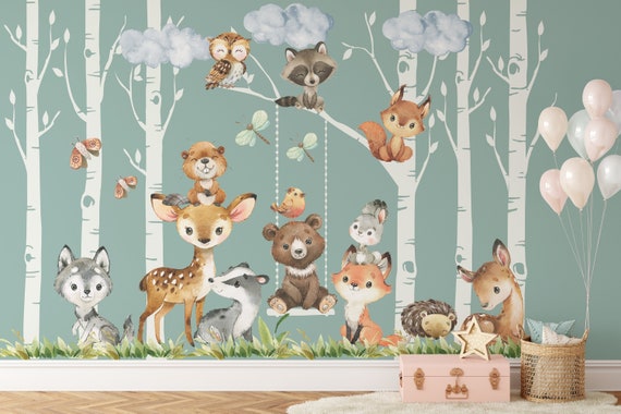 Woodland Removable VINYL Wall Decals | PREMIUM 6 Birch Trees 12 Animals Watercolor Mural Forest Neutral Baby Bedroom Nursery Décor