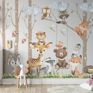 May include: A watercolor illustration of a woodland scene with various animals, including a deer, a bear, a raccoon, a fox, a wolf, a badger, a beaver, a hedgehog, and a bird. The animals are surrounded by trees and clouds.