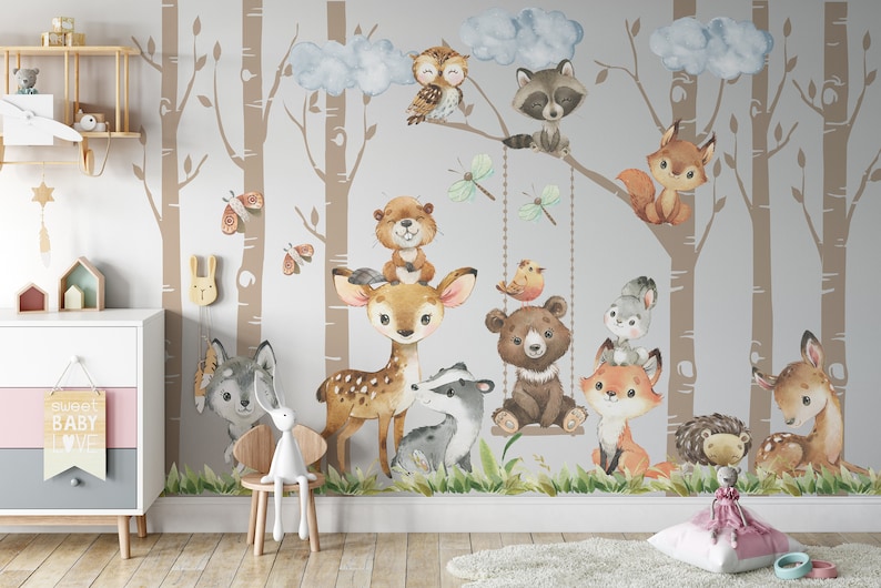May include: A watercolor illustration of a woodland scene with various animals, including a deer, a bear, a raccoon, a fox, a wolf, a badger, a beaver, a hedgehog, and a bird. The animals are surrounded by trees and clouds.