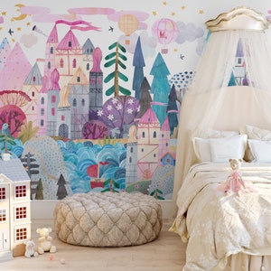 MARLEY Removable WALLPAPER PREPASTED Mural Kids Bedroom Nursery Playroom Décor Watercolor Art Travel around the World Fairy Tale Castle 0197