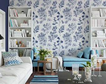 Removable WALLPAPER, Prepasted Bathroom Decor watercolor Wallpaper Blue Wallpaper Floral Wallpaper, botanical wallpaper ANGELIQUE 0042 M