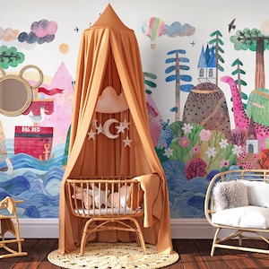 UNPASTED Traditional WALLPAPER OAKLEY Mural Kids Bedroom Nursery Playroom Décor Watercolor Travel around the World Fairy Tale 0124
