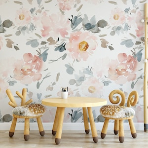 Removable WALLPAPER Peel & Stick Opaque CANVAS RILEY Pink Coral Green Roses Floral Mural Pattern Nursery Décor Watercolor Flowers Art 0018
