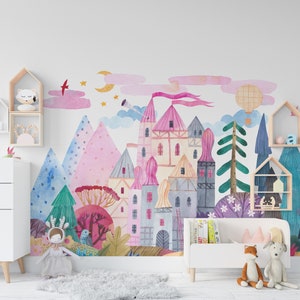 Wall Decal 1006 Mural Peel & Stick FABRIC or Transfer VINYL Kids Bedroom Nursery Playroom Décor Watercolor Rainbow Woodland Fairy Landscape