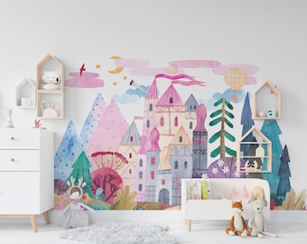 Wall Decal 1006 Mural Peel & Stick FABRIC or Transfer VINYL Kids Bedroom Nursery Playroom Décor Watercolor Rainbow Woodland Fairy Landscape