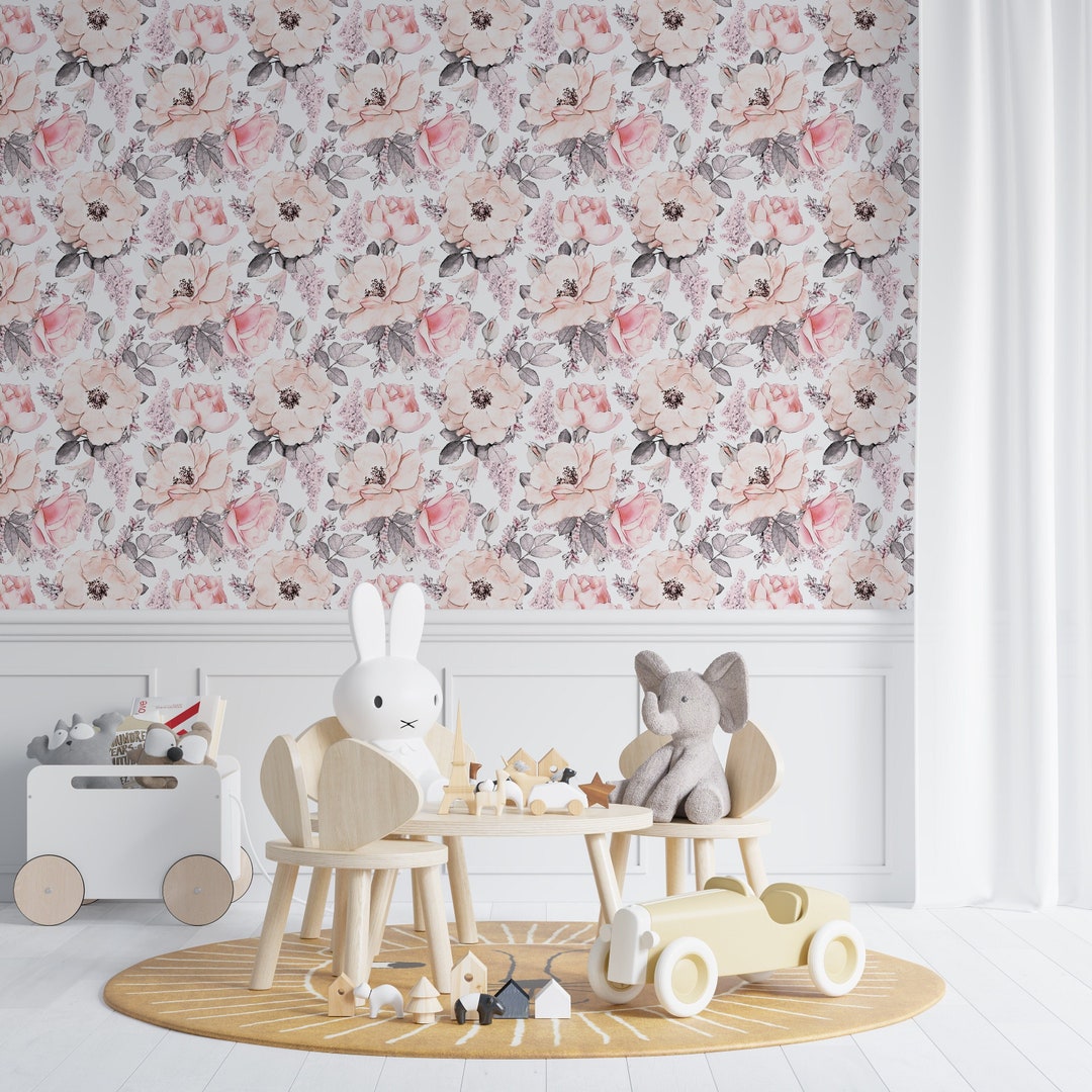 WALLPAPER Traditional Unpasted BAILEY Pink Roses Floral Mural SMALL ...