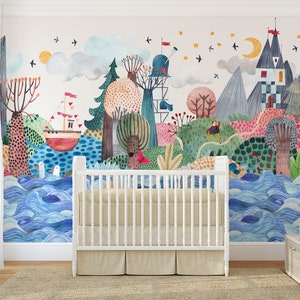 CANVAS WALLPAPER Mural GENESIS Peel & Stick Opaque Kids Bedroom Nursery Playroom Décor Watercolor Travel around the World Fairy Tale 0195