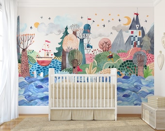 CANVAS WALLPAPER Mural GENESIS Peel & Stick Opaque Kids Bedroom Nursery Playroom Décor Watercolor Travel around the World Fairy Tale 0195