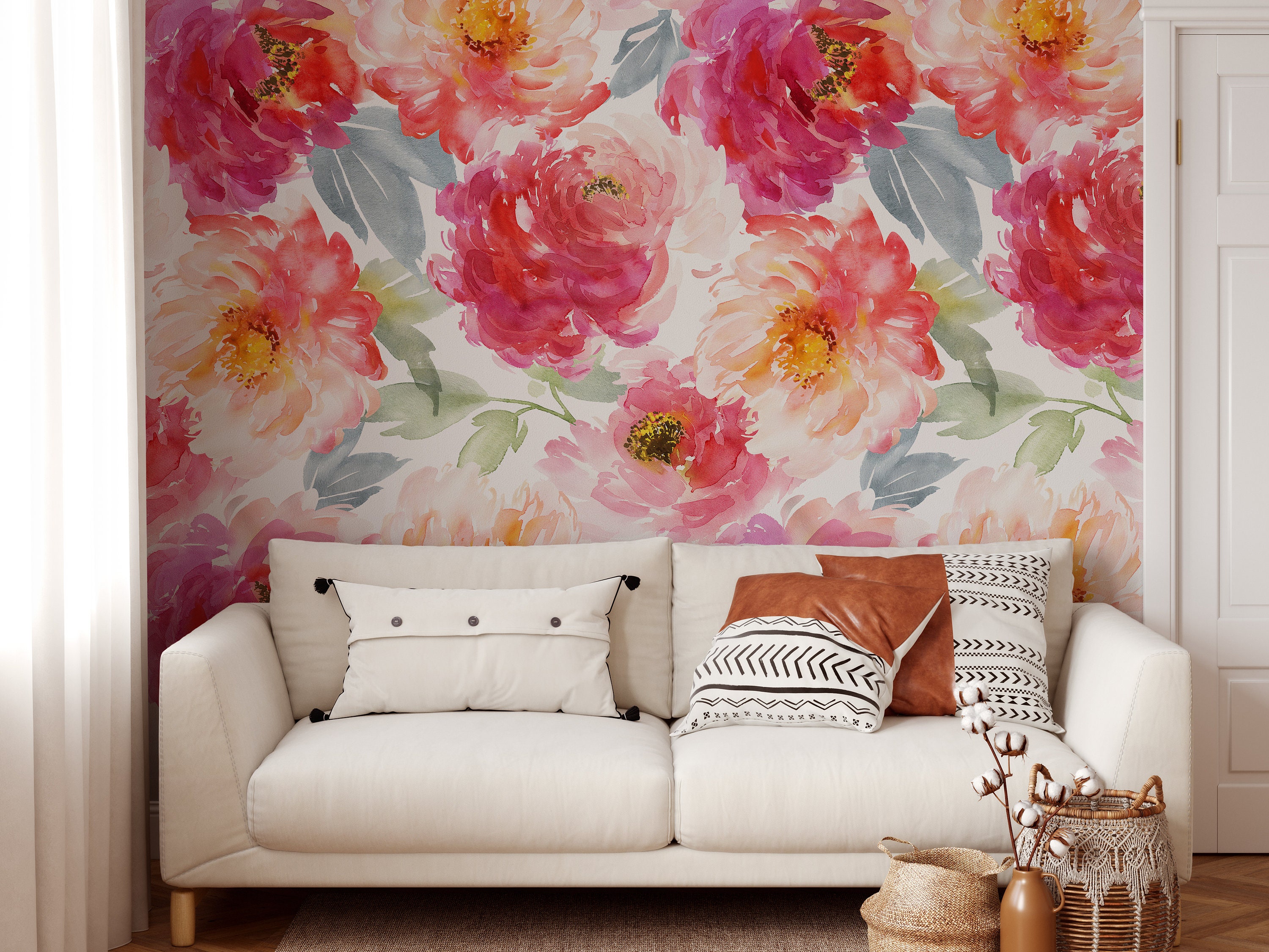 Removable WALLPAPER STELLA S Peel & Stick CANVAS Vinyl Hot Pink Roses Floral Wallpaper Mural Bedroom Nursery Décor Watercolor Peony 0006S