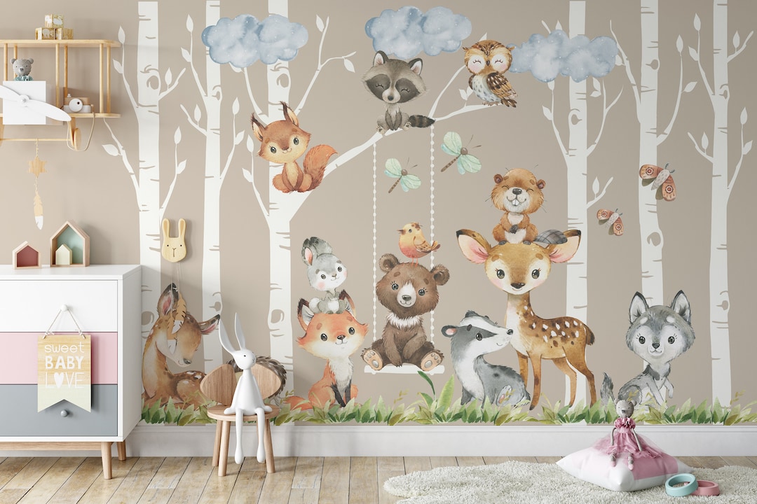 WOODLAND Trees Removable Peel & Stick FABRIC | 6 Trees 12 Animals ...