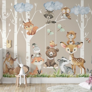 PREMIUM Removable FABRIC 6 Trees 12 Animals Peel & Stick Watercolor Woodland Forest Animals Wall Decals Baby Bedroom Nursery Décor Neutral