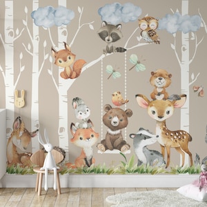 WOODLAND Trees Removable Peel & Stick FABRIC | 6 Trees 12 Animals Watercolor Woodland, PREMIUM Forest Wall Decals Baby Neutral Nursery