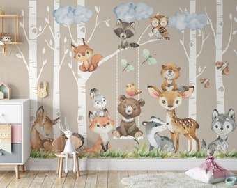 WOODLAND Trees Removable Peel & Stick FABRIC | 6 Trees 12 Animals Watercolor Woodland, PREMIUM Forest Wall Decals Baby Neutral Nursery