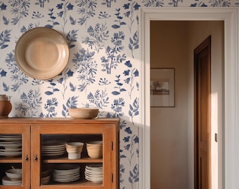 Angelique Blue Floral Wallpaper, French Country Bathroom Wallpaper, Vintage Peel and Stick CANVAS 0042-26