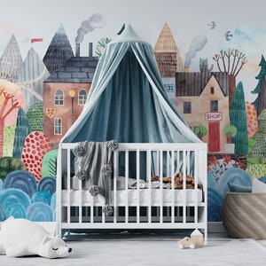 WALLPAPER Mural LIAM Peel & Stick Fabric Kids Bedroom Nursery Playroom Décor Watercolor Art Travel around the World Fairy Tale 0122