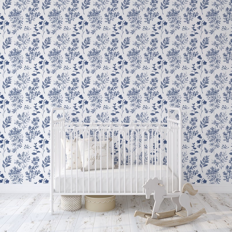 WALLPAPER Traditional Unpasted ANGELIQUE S Indigo Blue Watercolor Flowers branches Pattern Bedroom Nursery Décor Cobalt blue 0042S image 1