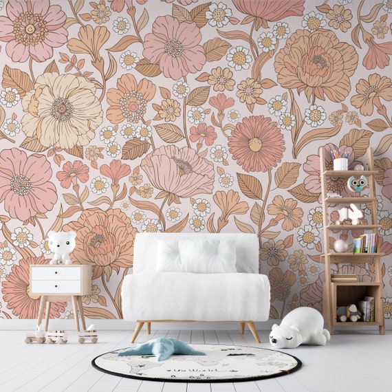 Removable PREPASTED WALLPAPER ASPEN | Nonwoven Mural Pencil Hand Drawn Medium Flowers Boho Wallpaper Floral Wallpaper Watercolor 0032-78