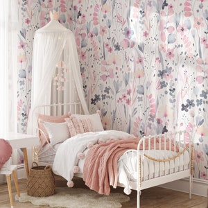 Removable WALLPAPER Peel & Stick Fabric TEAGAN Pink Purple Watercolor Floral Wallpaper Wild flowers Nursery Pink Wallpaper Mom Gift 0015