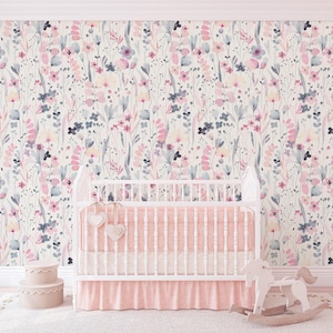 Removable WALLPAPER TEAGAN S Pre-Pasted Nonwoven Prepasted WILDFLOWERS Farmhouse Wallpaper Floral Wallpaper Watercolor Pink Purple Gift 015S