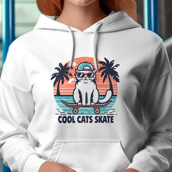 Cool Cats Skate Hoodie, Skater Katzen Pulli, Katze auf Skateboard, Trendiger Urbaner Katzen Look, Hippe Streetwear, Lässiger Skater Style