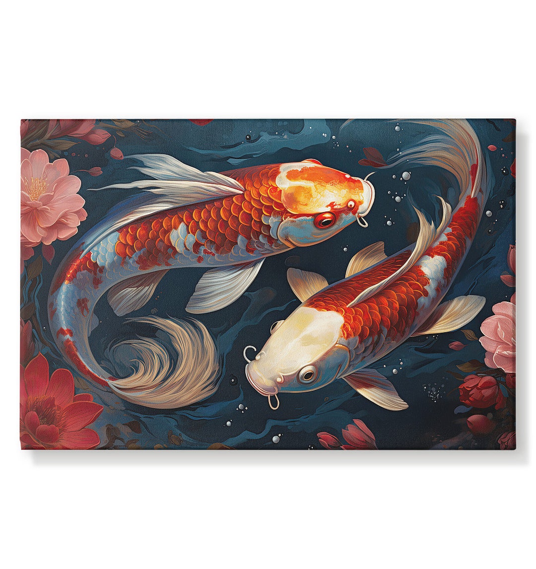 Koi Fish Canvas Wall Art, Two Koi Fishes Nature Animal Wall Art