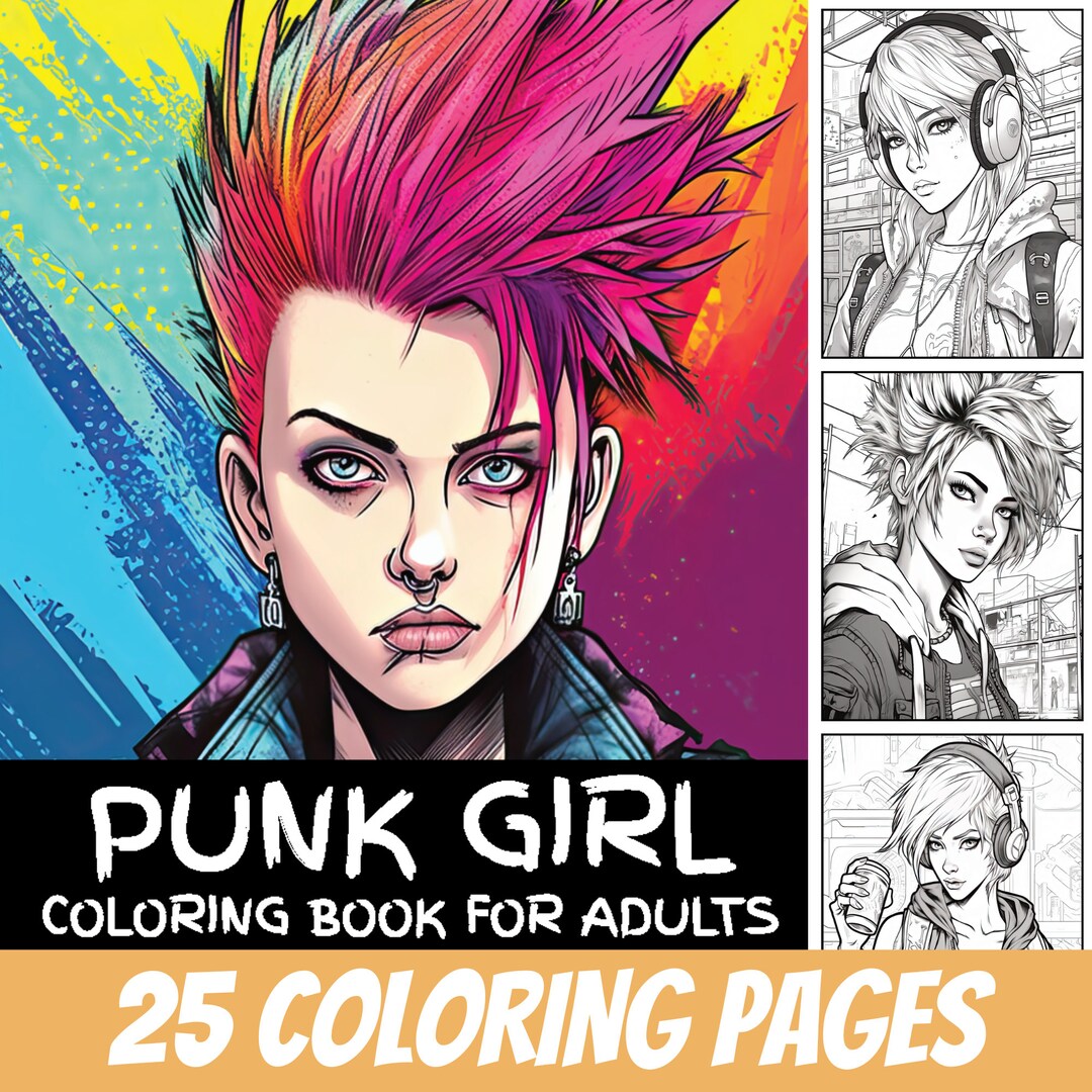 25 Anime Punk Girls Coloring Book Adult Coloring Pages, Kids Coloring