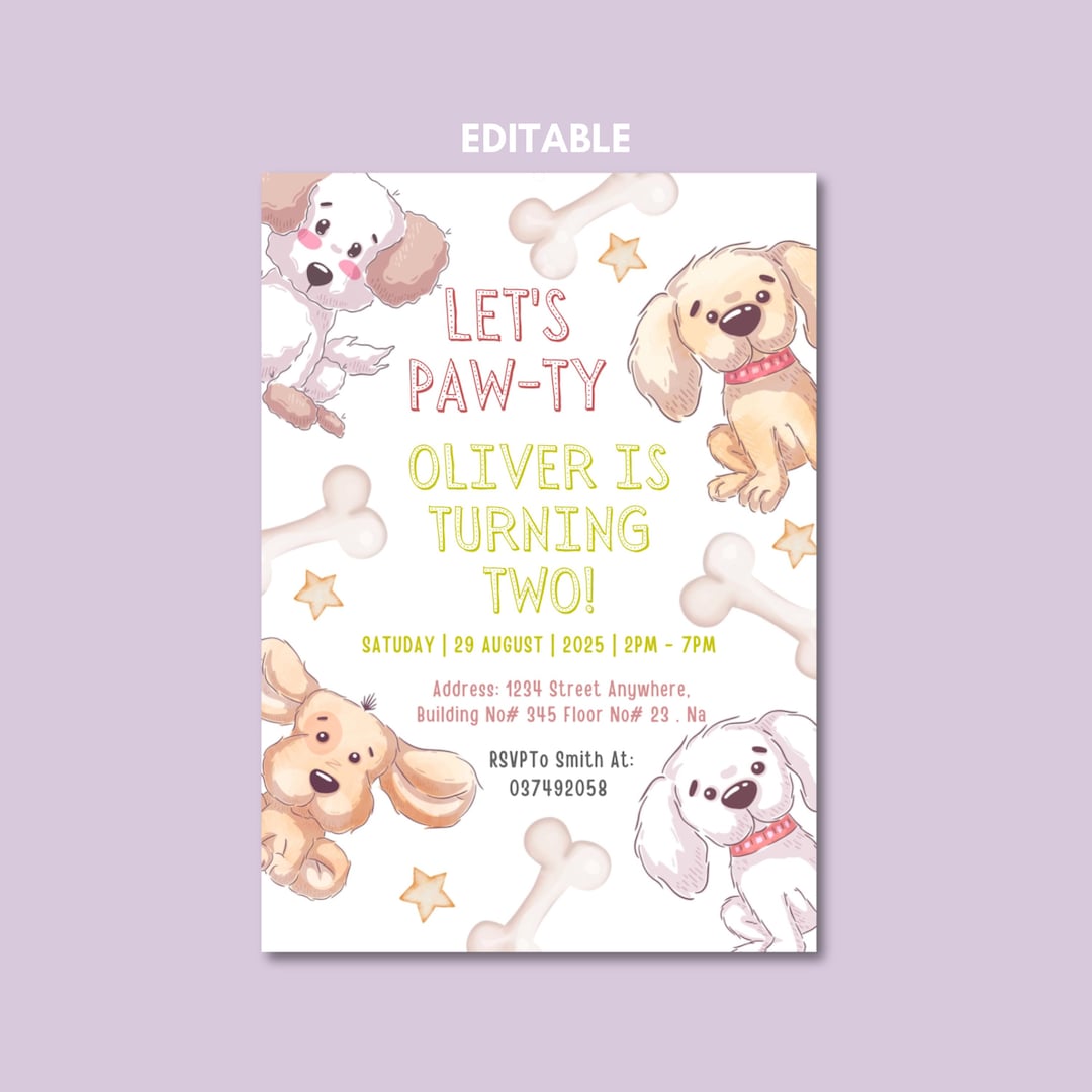 Editable Dog Birthday Party Invitation Puppy Birthday Invite Pink ...