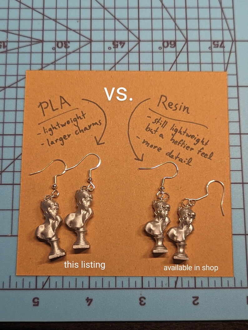 This photo shows a pair of plastic PLA Sappho Bust earrings next to a pair of resin Sappho Bust earrings. Both earrings lie on a brown kraft paper background. Text states that the resin earrings are heftier and more detailed.