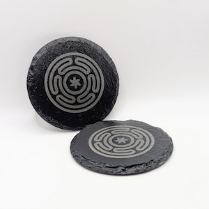 Hecate Strophalos Altar Plate 4" / Laser Engraved Wheel of Hekate / Natural Slate Coasters / Water Resistant & Food Safe / Altar Kit Option