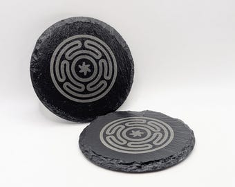 Hecate Strophalos Altar Plate 4" / Laser Engraved Wheel of Hekate / Natural Slate Coasters / Water Resistant & Food Safe / Altar Kit Option