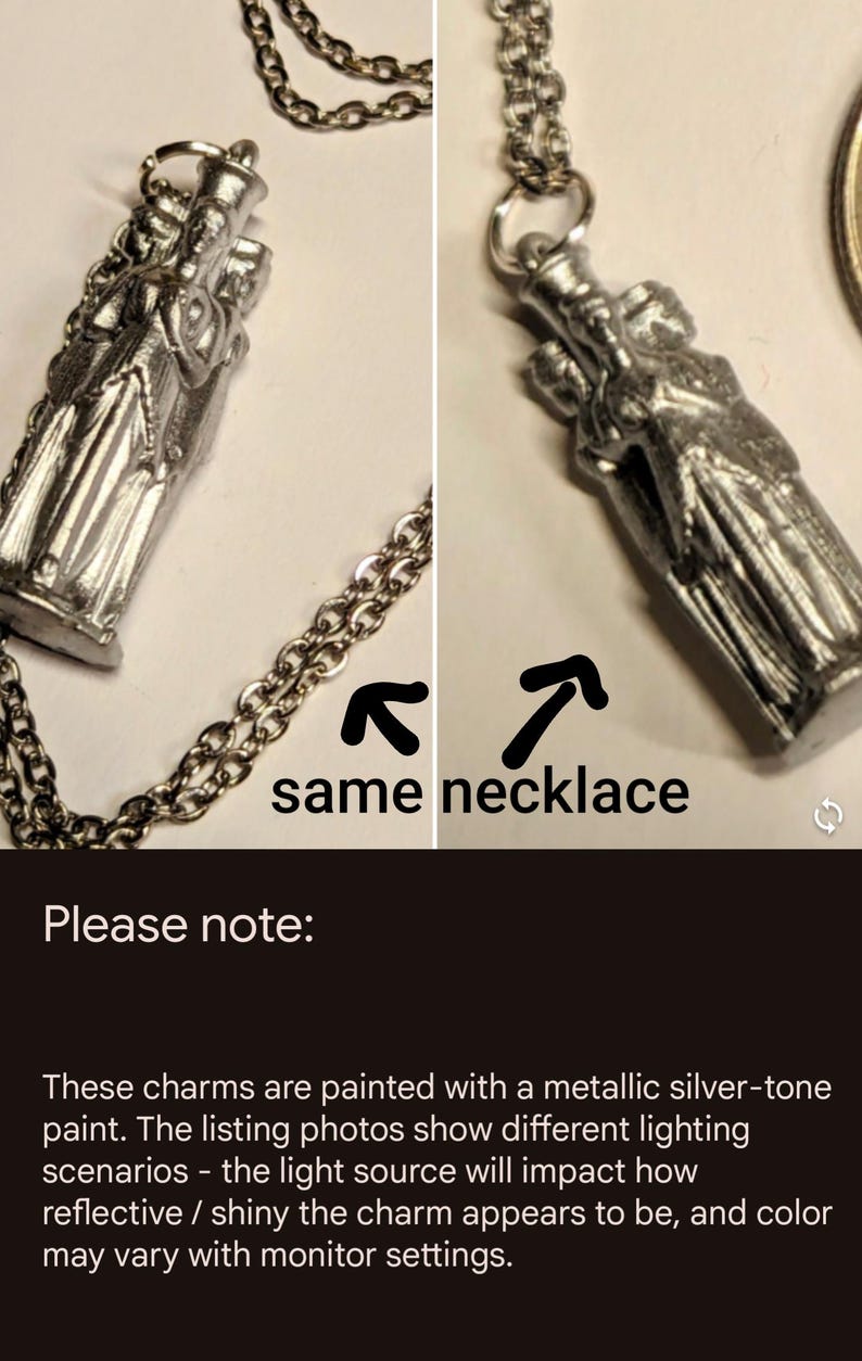 May include: A silver-tone necklace with a charm featuring a group of people. The charm is painted with a metallic silver-tone paint. The listing photos show different lighting scenarios - the light source will impact how reflective / shiny the charm appears to be, and color may vary with monitor settings.