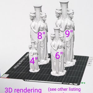 This 3D rendering shows the 4 different sizes of Hecate statue available -4 inch, 6 inch, 8 inch, and 9 inch. The renderings are done in white and sit on top of a checkered platform.