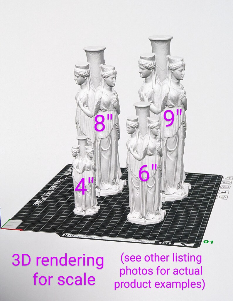 This 3D rendering shows the 4 different sizes of Hecate statue available -4 inch, 6 inch, 8 inch, and 9 inch. The renderings are done in white and sit on top of a checkered platform.