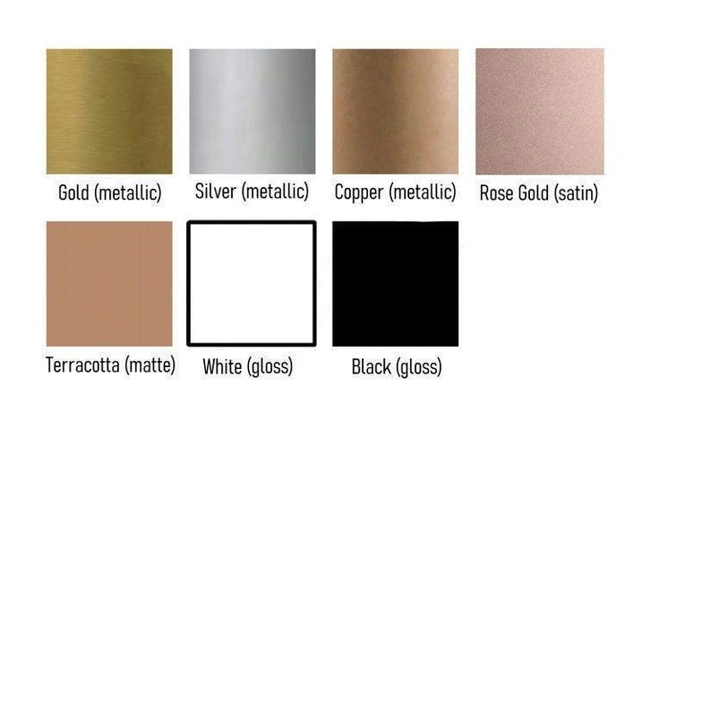 May include: A color palette featuring swatches of gold, silver, copper, and rose gold. Additional swatches include terracotta, white, and black. Each color is labeled with its name and finish, such as metallic, matte, gloss, or satin.