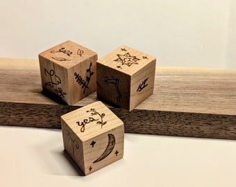 Hand-burned Divination Dice: Maple Hardwood,  1&quot; Cubes, Set of 3, 13 Witch&#39;s Runes